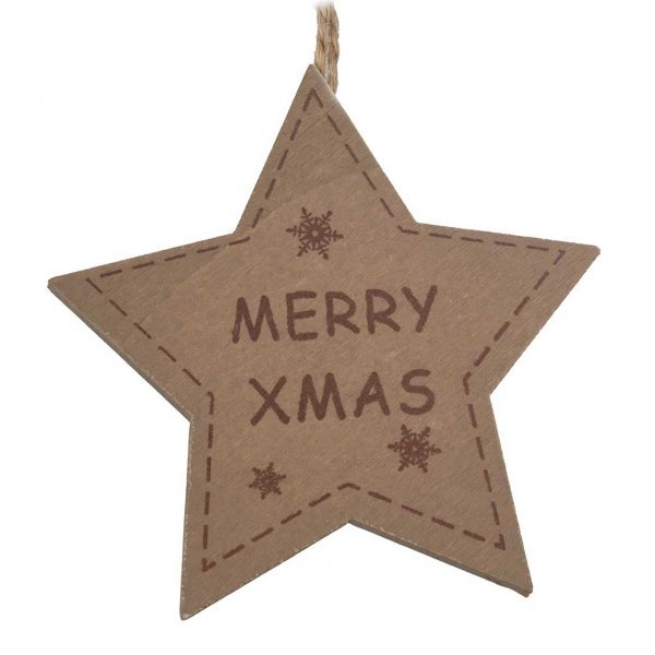 Χριστουγεννιάτικο Κρεμαστό Ξύλινο Αστεράκι Καφέ, με Σχέδιο "Merry Xmas" (9cm)